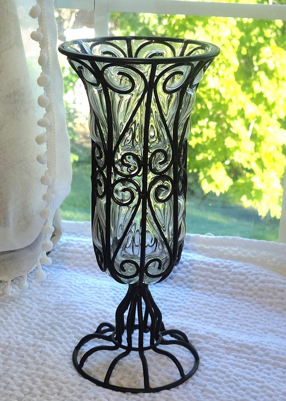 Vintage Caged Blown Bubble Glass Metal Ornate Pedestal Vase 11"